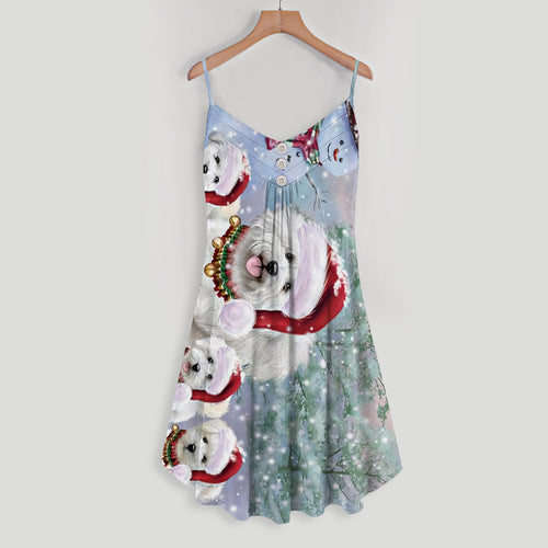 Bichon Frise Christmas Dog Running Spaghetti Strap Summer Dress | Women Sleeveless V Neck Mini Dress