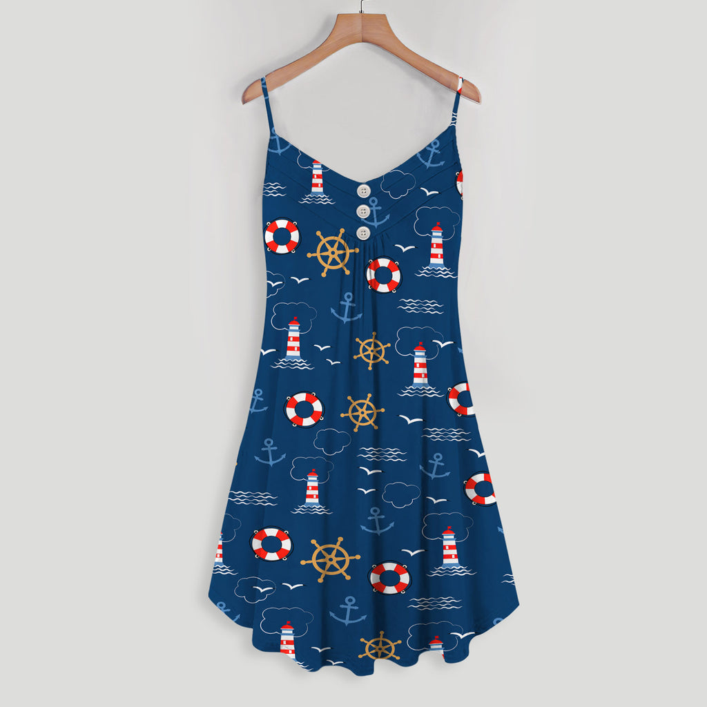 Nautical Pattern Print Design A Area Spaghetti Strap Summer Dress | Women Sleeveless V Neck Mini Dress