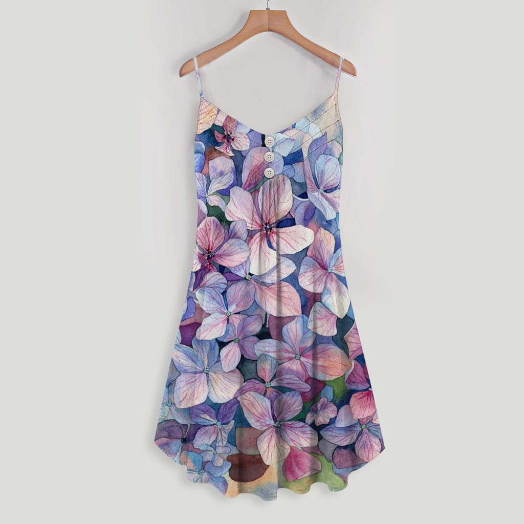 Hydrangea Flower Spaghetti Strap Summer Dress | Women Sleeveless V Neck Mini Dress
