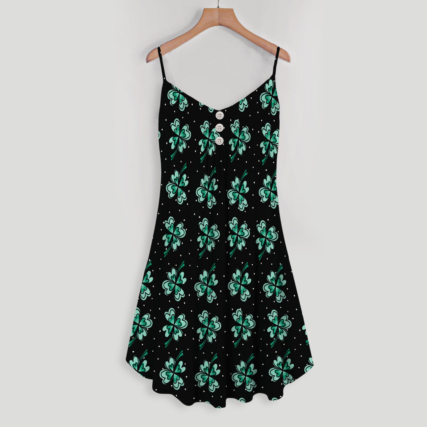 Green Drawing Shamrocks Irish Spaghetti Strap Summer Dress | Women Sleeveless V Neck Mini Dress