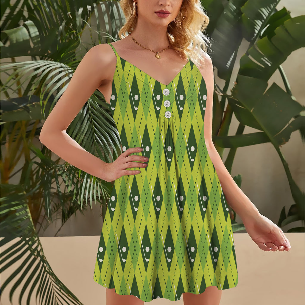 Golf Ball And Tees On Green Argyle Spaghetti Strap Summer Dress | Sleeveless V Neck Mini Dress | Sundress