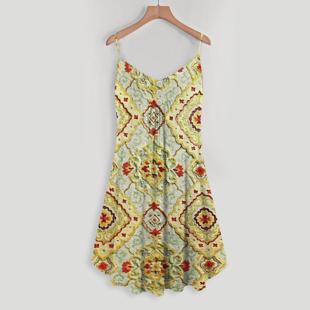 Diamond Scroll Spaghetti Strap Summer Dress | Women Sleeveless V Neck Mini Dress