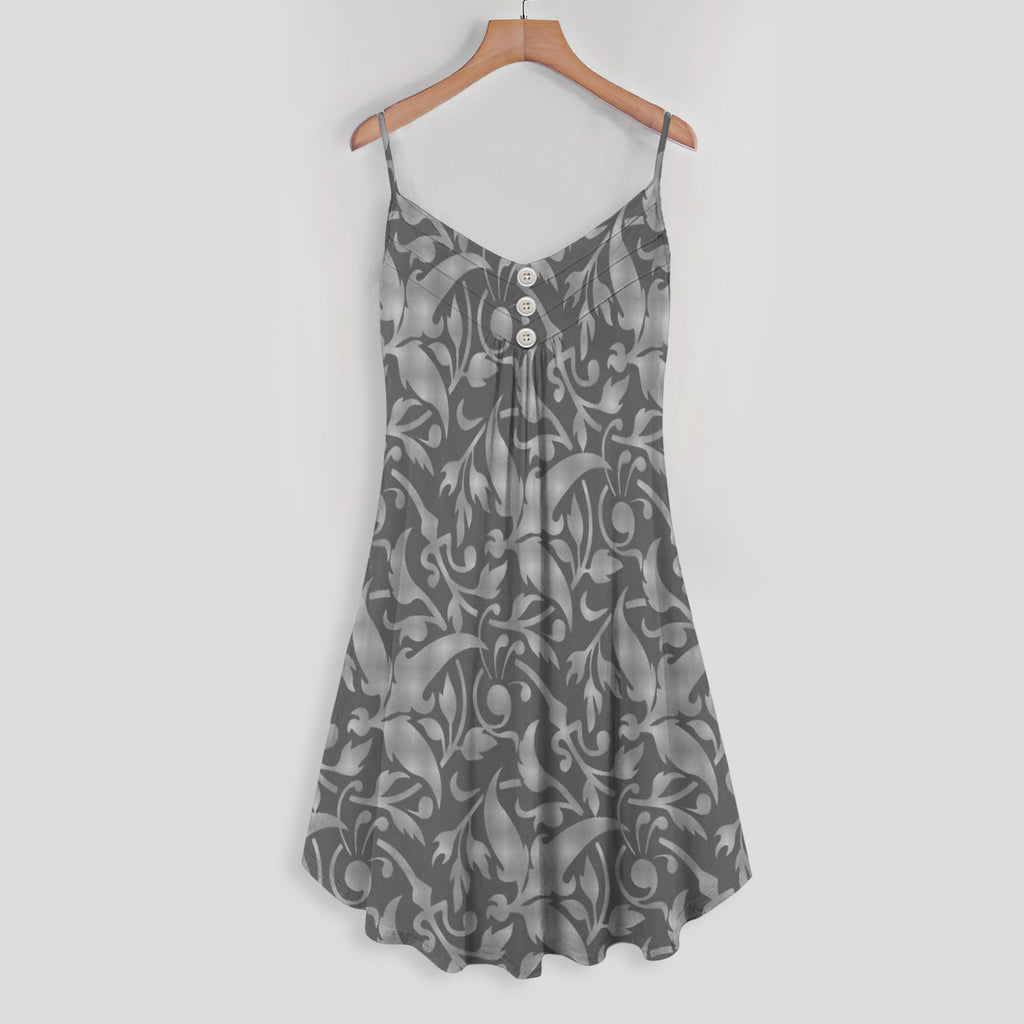 Gray And White Pattern Flower Spaghetti Strap Summer Dress | Women Sleeveless V Neck Mini Dress