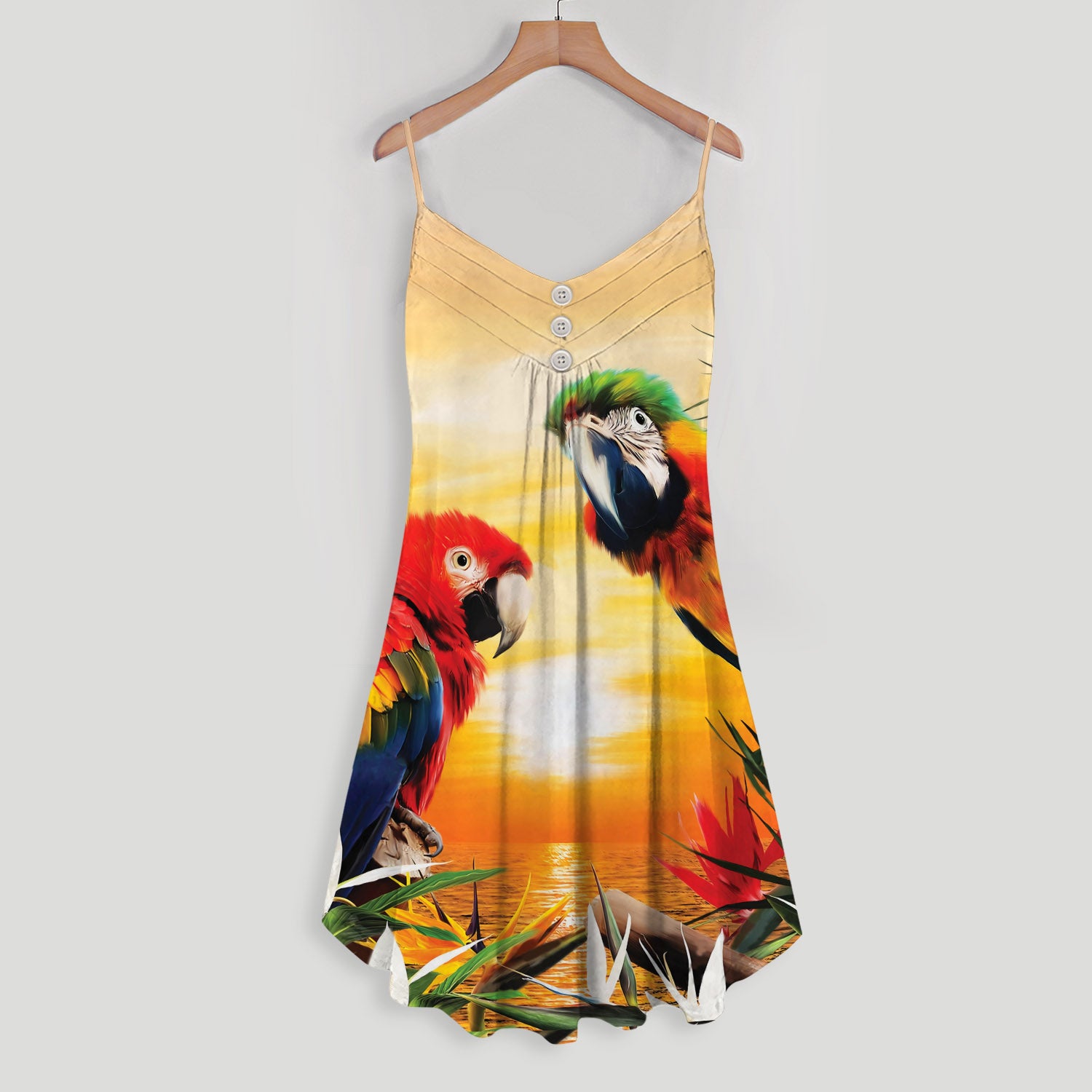 Parrot Tropical Sun Spaghetti Strap Summer Dress | Women Sleeveless V Neck Mini Dress