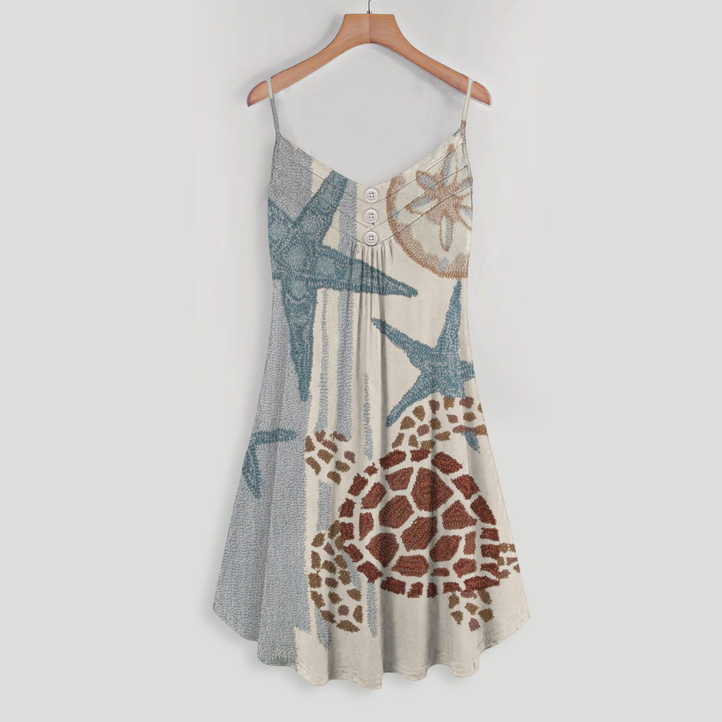 Coastal Turtle Spaghetti Strap Summer Dress | Women Sleeveless V Neck Mini Dress