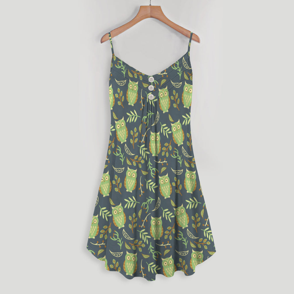 Green Owl With Plan Vintage Style Spaghetti Strap Summer Dress | Women Sleeveless V Neck Mini Dress