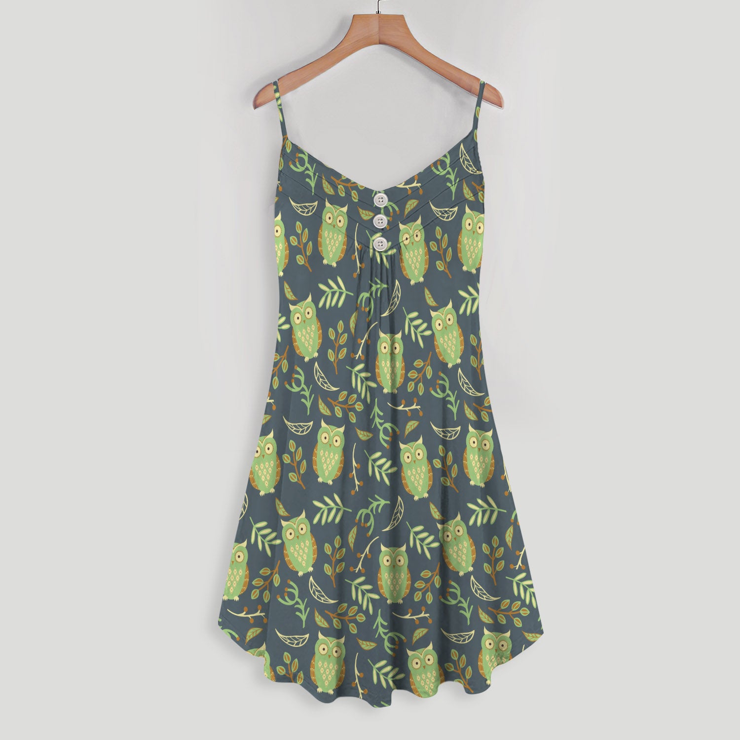 Green Owl With Plan Vintage Style Spaghetti Strap Summer Dress | Women Sleeveless V Neck Mini Dress