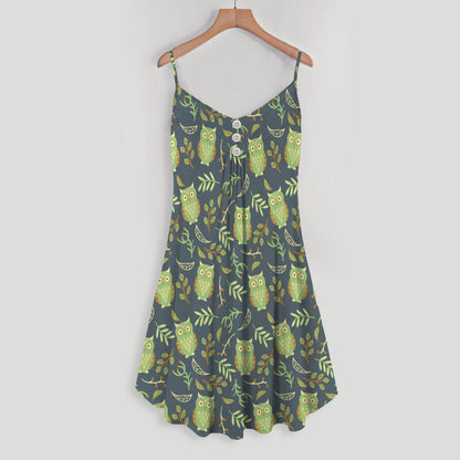 Green Owl With Plan Vintage Style Spaghetti Strap Summer Dress | Women Sleeveless V Neck Mini Dress