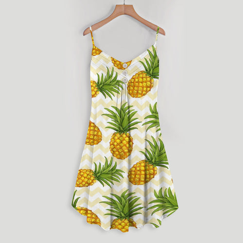 Beige Zig Zag Pineapple Spaghetti Strap Summer Dress | Women Sleeveless V Neck Mini Dress