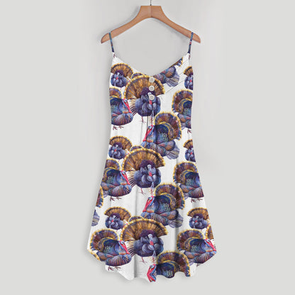 Turkey Pattern Print Design Area Spaghetti Strap Summer Dress | Women Sleeveless V Neck Mini Dress