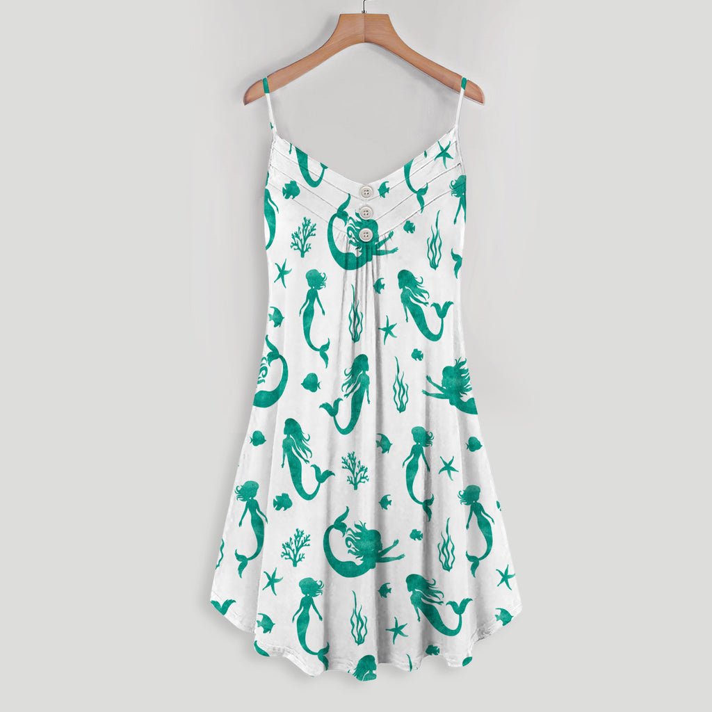 Green Swimming Mermaid Texture Spaghetti Strap Summer Dress | Sleeveless V Neck Mini Dress | Sundress