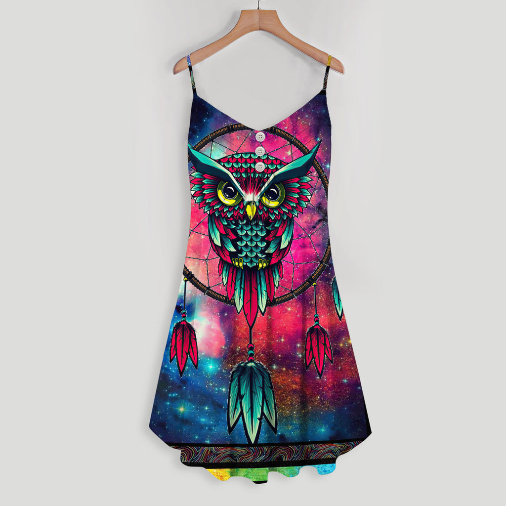 Colorful Owl Pa Dreamcatcher Spaghetti Strap Summer Dress | Women Sleeveless V Neck Mini Dress
