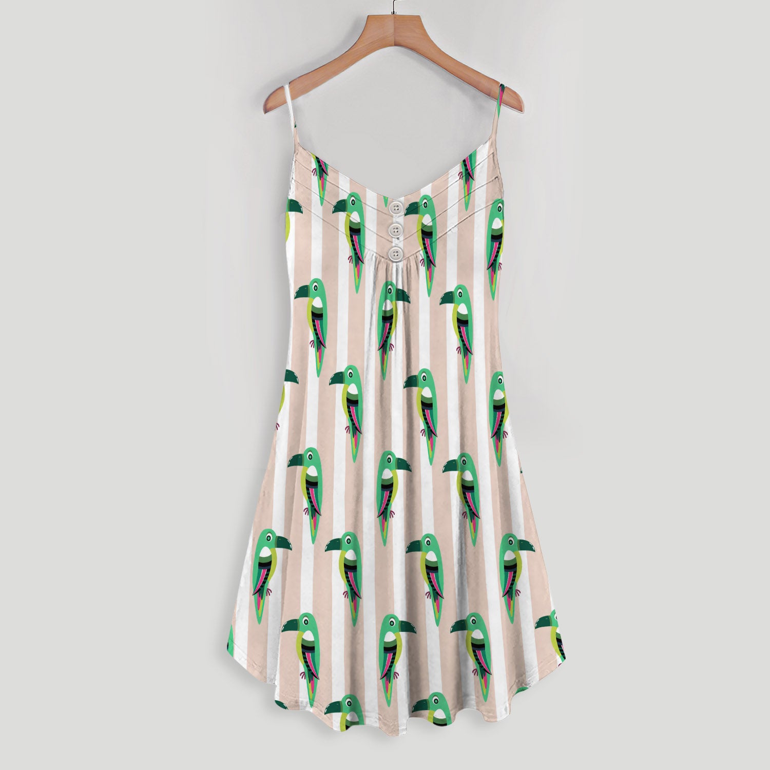 Green Parrot On Pink And White Pastel Stripes Spaghetti Strap Summer Dress | Women Sleeveless V Neck Mini Dress