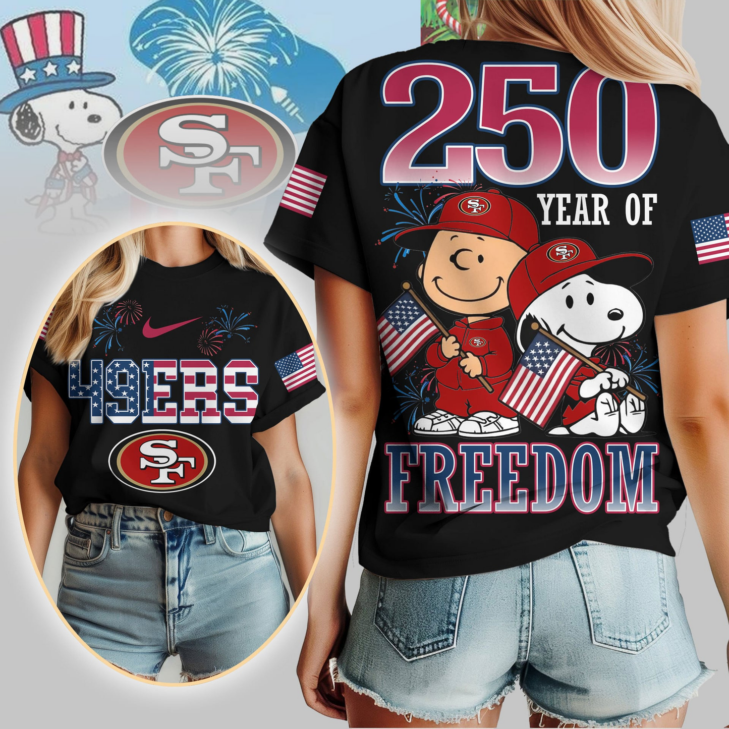 SF49 Premium NFL Peanuts 250 Years Of Freedom 3D Shirt DDT NTL